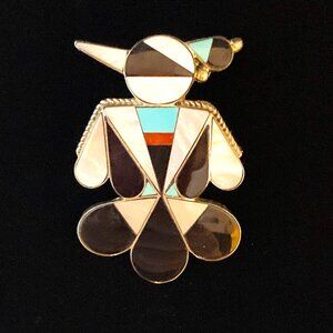 Fabulous signed Zuni Thunderbird brooch/pendant in inlaid sterling